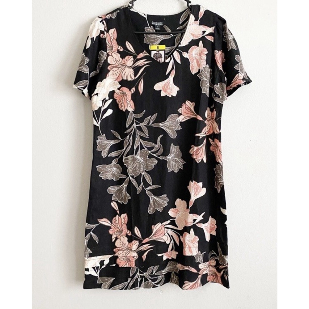 Nicole Miller Linen Blend Dress Black Floral Size Small NEW